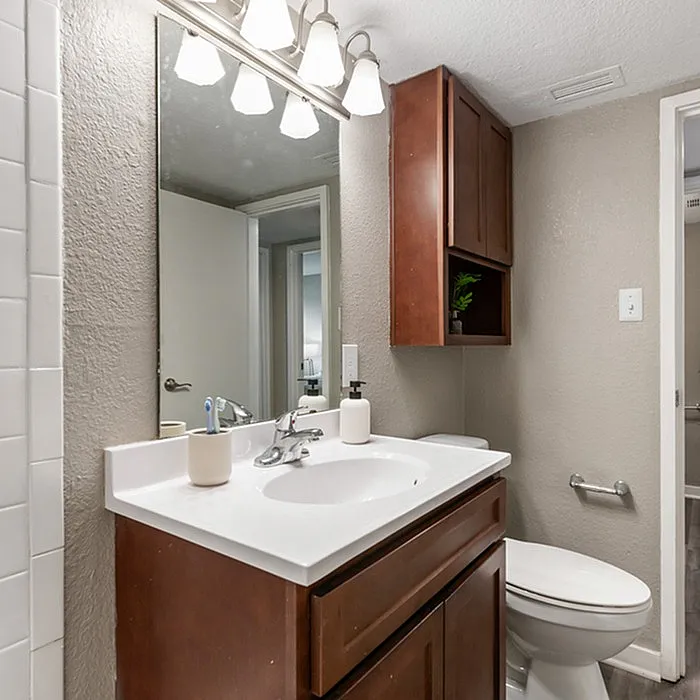 Elegant modern bathroom with stylish wood cabinetry, sleek countertop, and bright lighting, offering a refreshing and serene atmosphere.