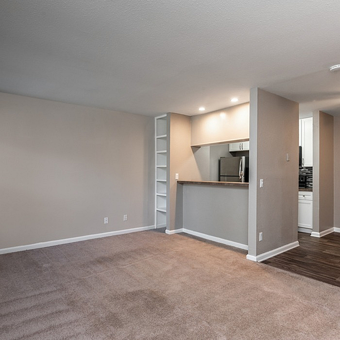 Inviting apartment interior showcasing an open-concept living area with plush carpeting, complemented by a sleek kitchen and modern lighting.