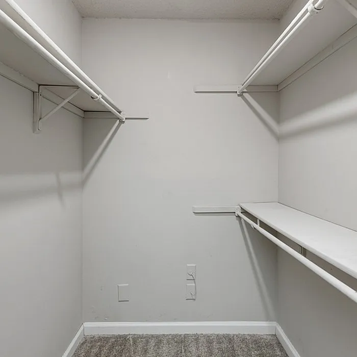 Spacious walk-in closet with built-in shelving and hanging rods, offering ample storage and organization options.
