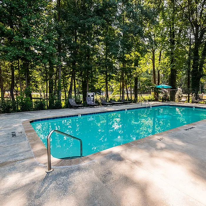 Inviting outdoor pool area surrounded by lush green trees, perfect for relaxation and leisure.