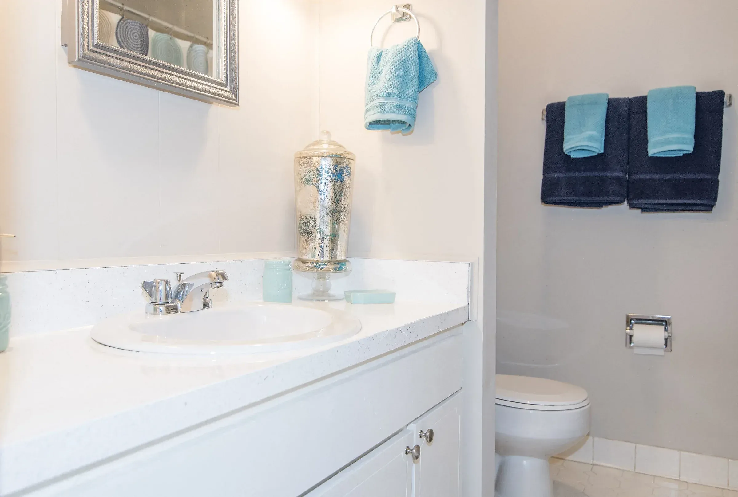 Full bathroom vanity and toilet area