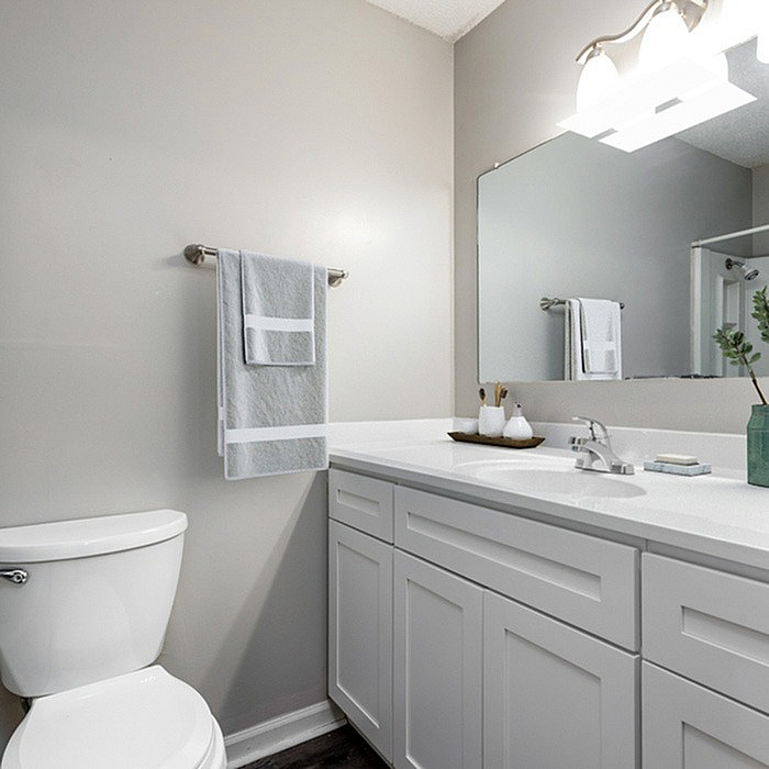 Elegant bathroom with modern vanity, large mirror, and chic lighting, offering a serene and stylish space.