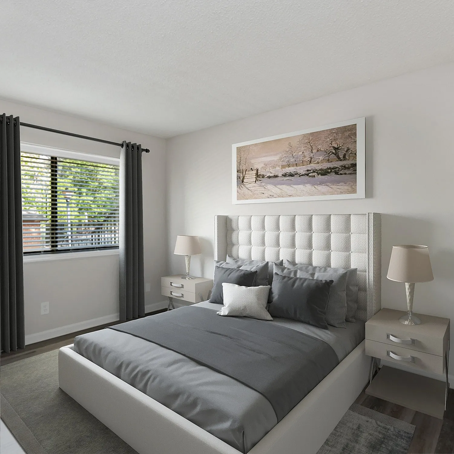 Elegant bedroom with chic decor, featuring a plush bed with gray bedding, stylish nightstands, and modern lamps, complemented by a scenic artwork and abundant natural light from a large window.
