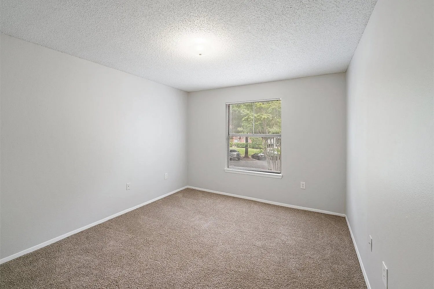 Bright and inviting bedroom with a large window, offering natural light and a cozy carpeted floor.