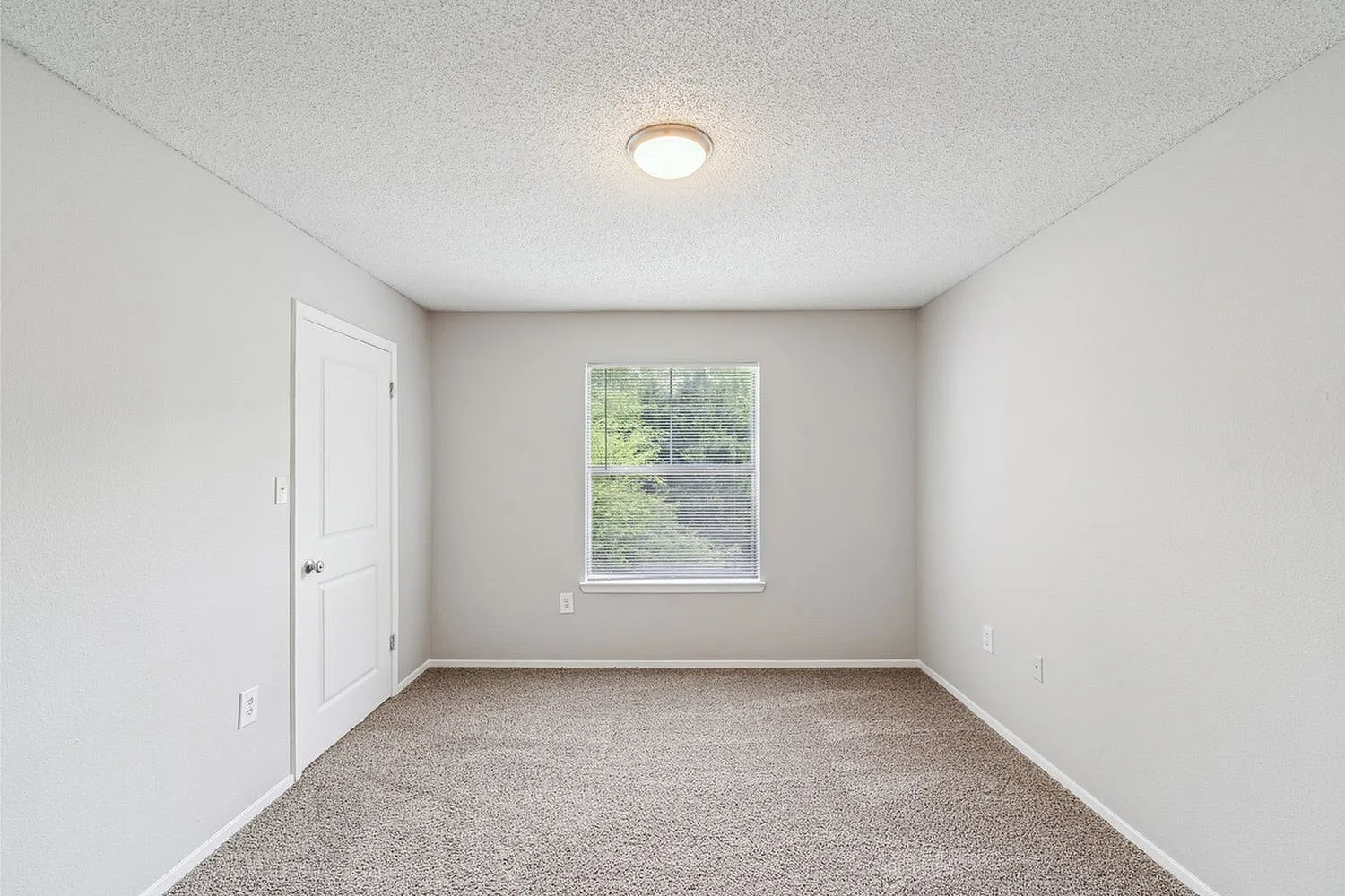 Bright and inviting bedroom with plush carpeting, large window with a scenic view, and modern neutral tones.