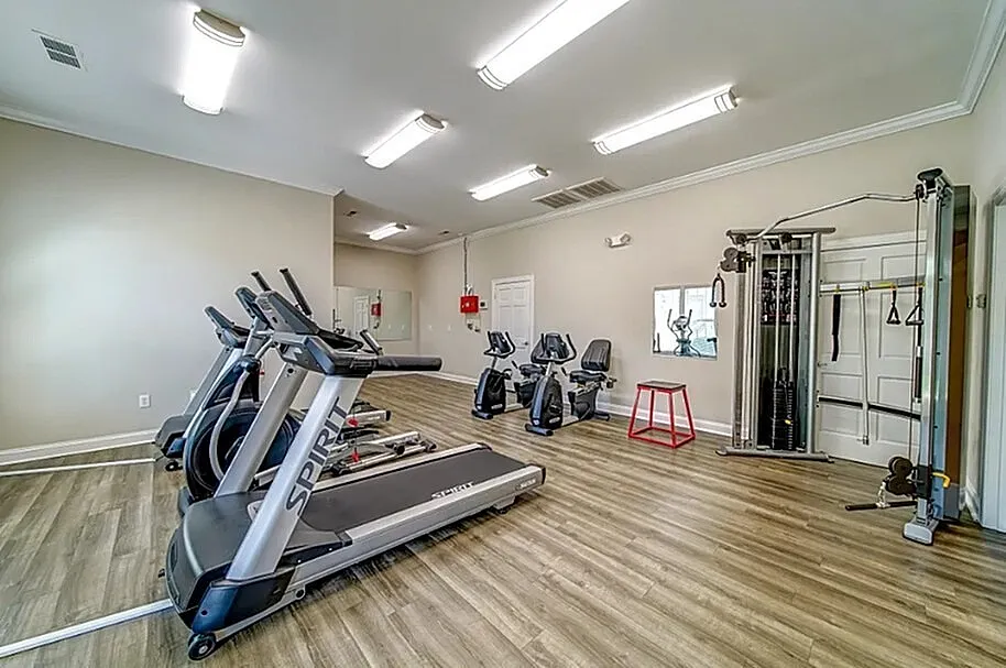 Bright and modern gym room equipped with treadmills, exercise bikes, and a versatile weight machine, perfect for fitness enthusiasts.