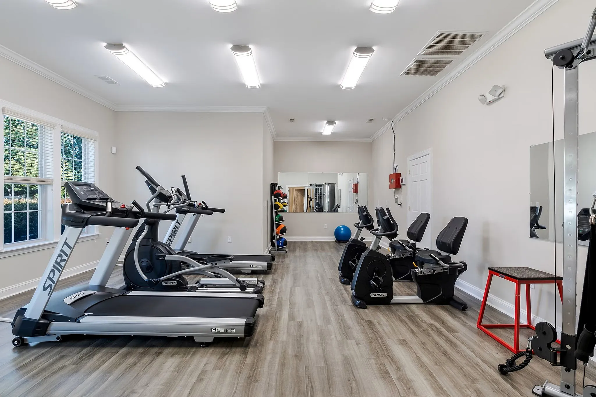 Bright and modern fitness center with state-of-the-art treadmills, exercise bikes, and vibrant workout equipment.