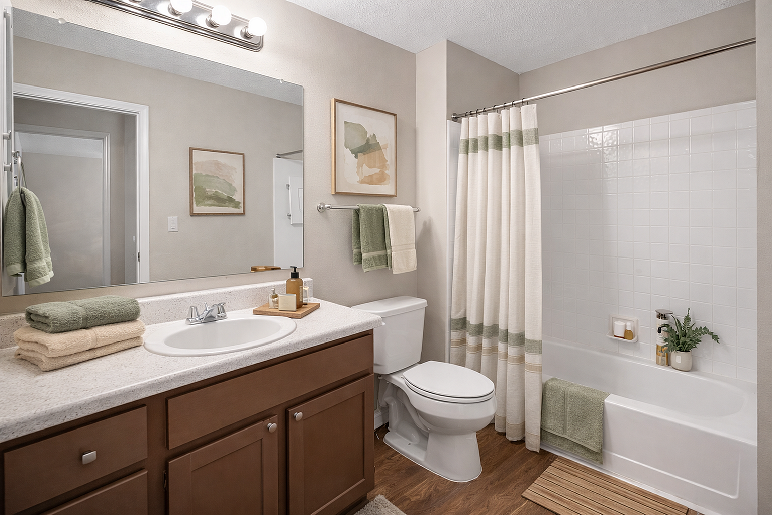 Elegant bathroom with modern fixtures, featuring a sleek vanity, warm lighting, and inviting bathtub with stylish curtain and decor.