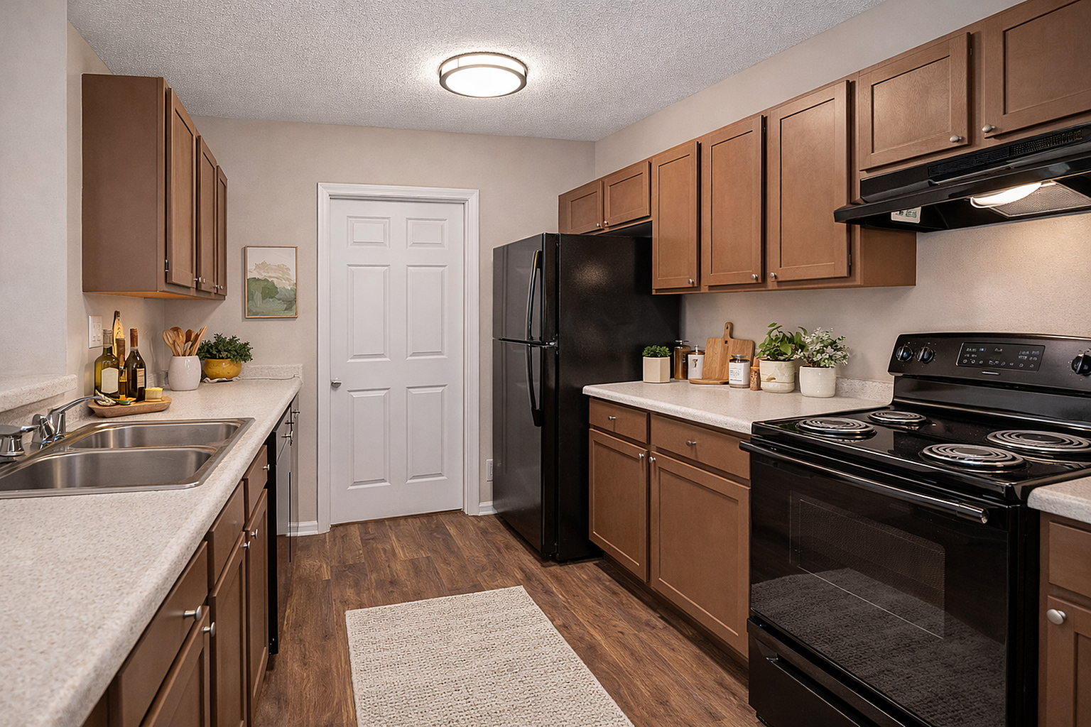 Modern kitchen with sleek granite countertops, stylish brown cabinetry, and updated black appliances.