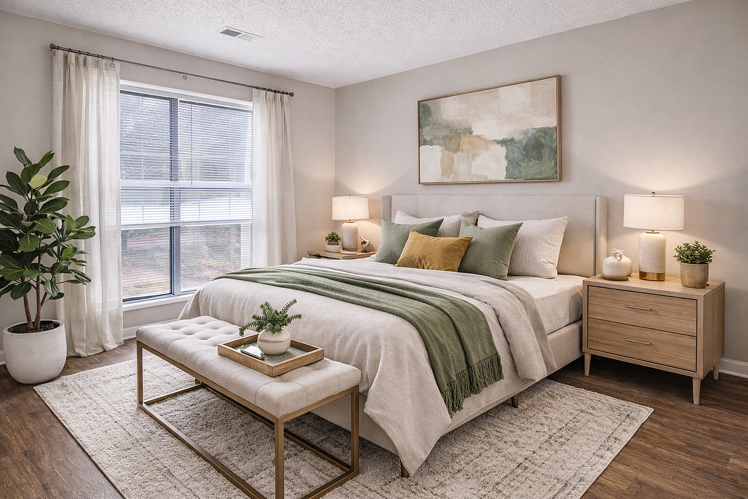 Inviting bedroom with a cozy modern design featuring plush bedding, a stylish bench, large window, and elegant decor for a tranquil retreat.