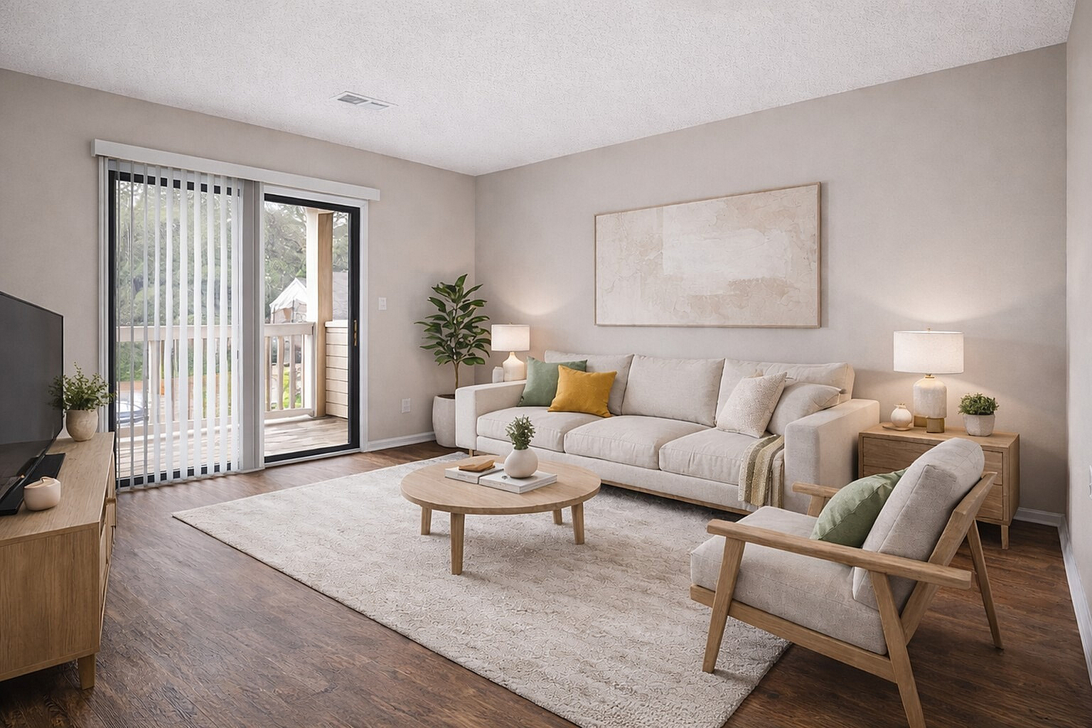 Charming living room with modern decor, cozy seating, and natural light from large sliding doors opening to a scenic balcony.