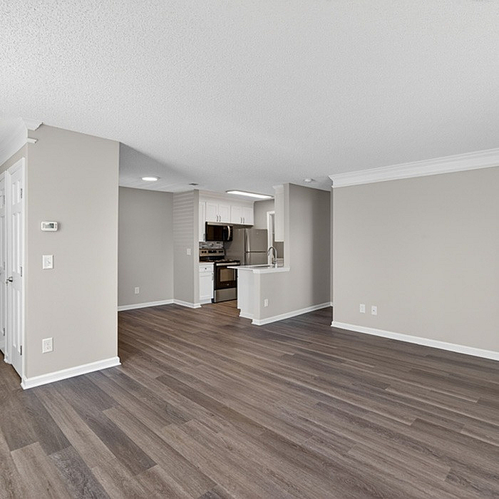Modern open-plan living area with sleek hardwood floors, bright kitchen with stainless steel appliances, and neutral walls.