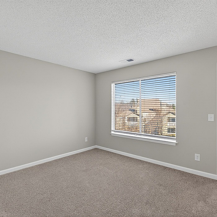 Bright, clean room with plush carpeting and large window showcasing scenic neighborhood views.
