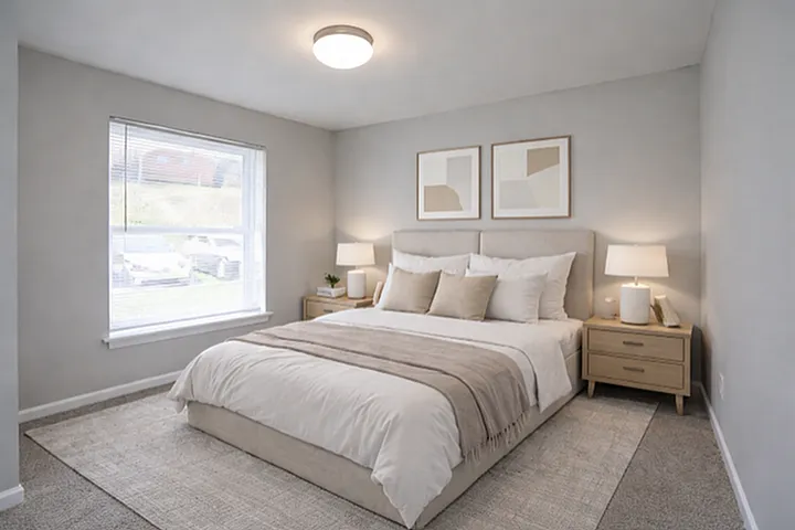 Inviting modern bedroom with plush bedding, elegant bedside tables, soft lighting, and a large window offering natural light.