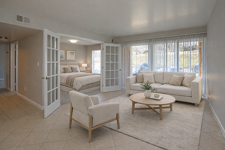 Elegant living space with a cozy sofa, modern chair, and stylish decor connecting to a serene bedroom through French doors.