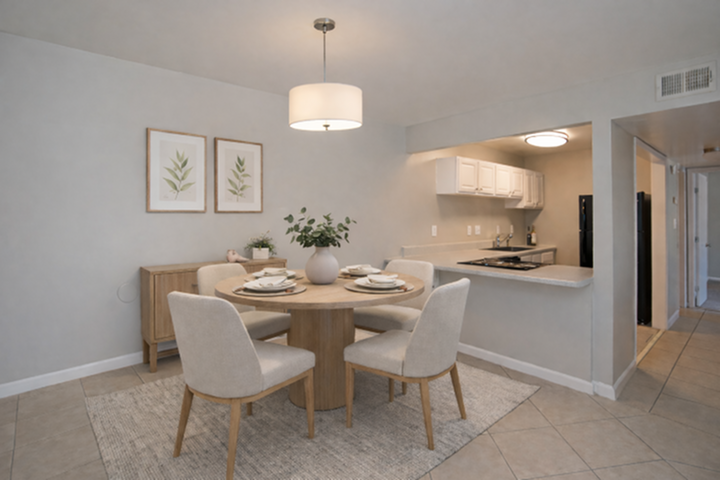 Inviting open-concept dining area with elegant round table, modern light fixture, and seamless access to a sleek kitchen.