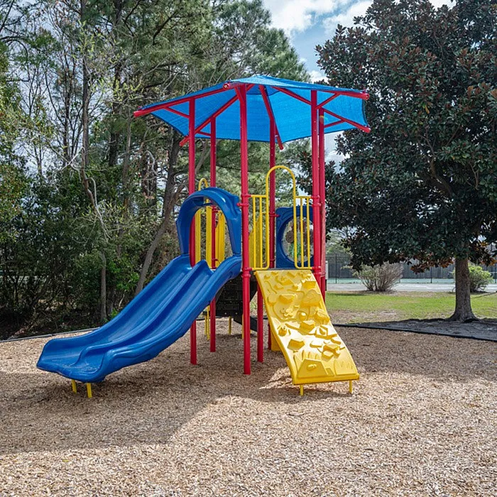 Vibrant playground with blue slides and a yellow climbing wall under a shaded canopy, nestled in a scenic, tree-lined setting.