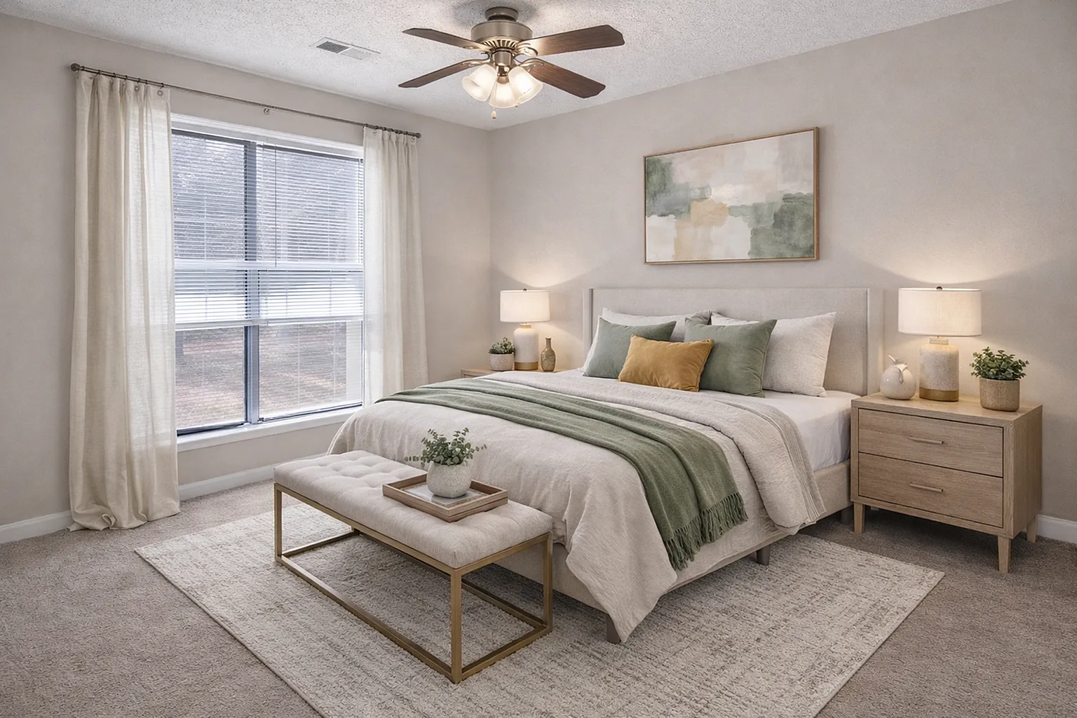 Elegant bedroom with plush bedding and warm lighting, featuring stylish decor and a large window for natural sunlight.