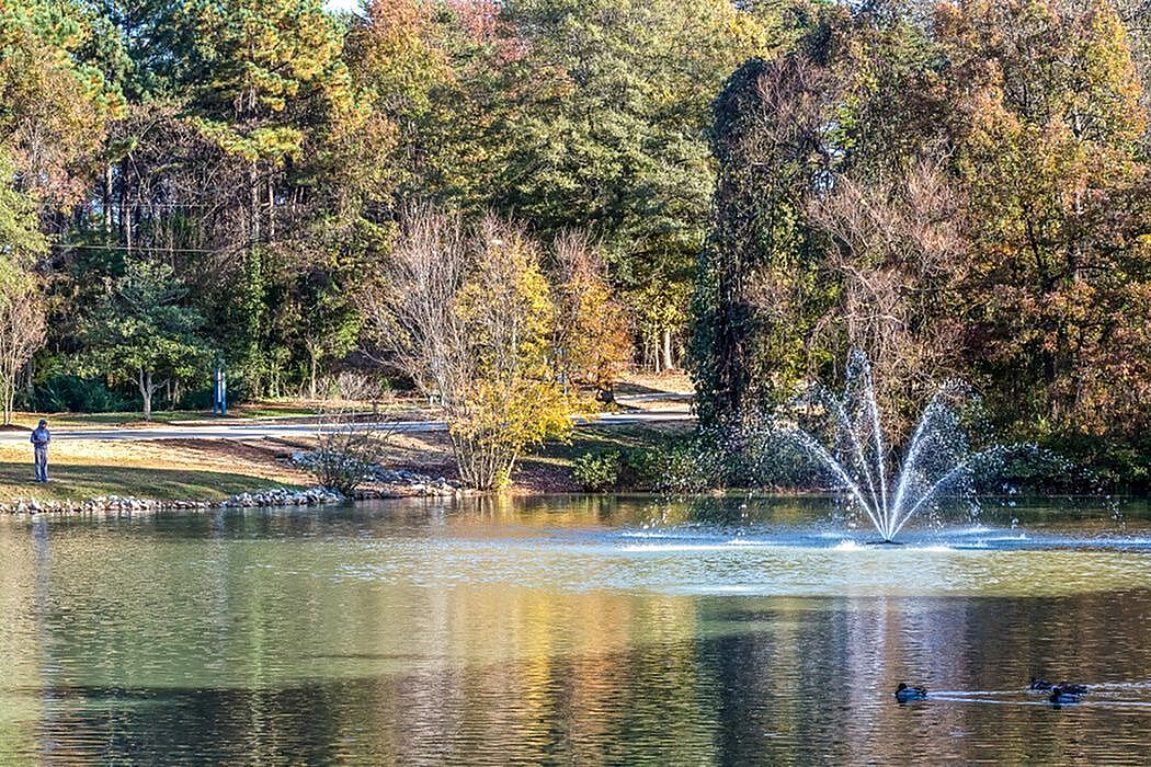 Serene park setting with a sparkling fountain in a tranquil pond surrounded by lush autumn trees, perfect for relaxation and nature walks.