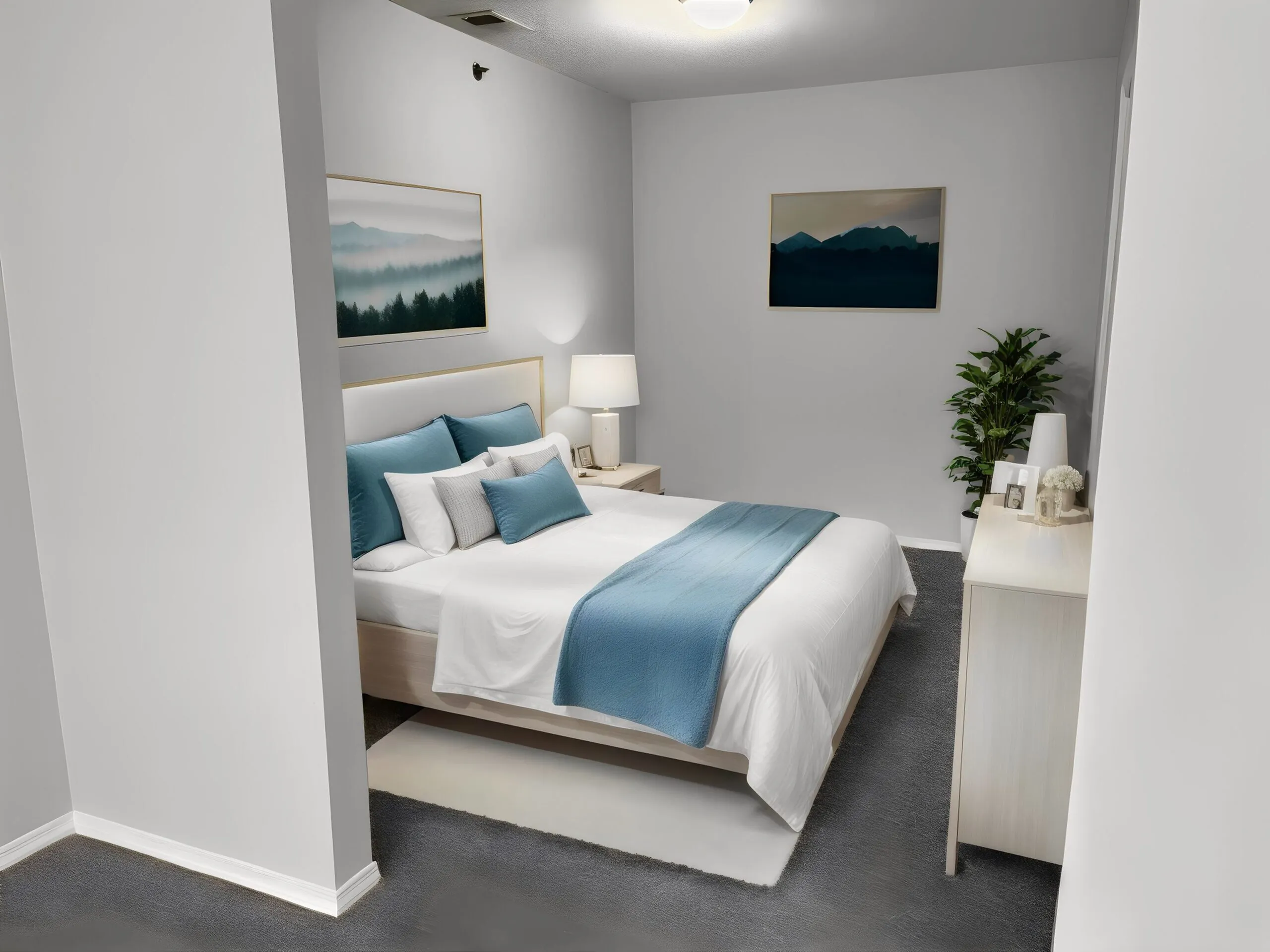 Elegant bedroom with cozy bed, modern decor, and calming artwork, perfect for peaceful rest.
