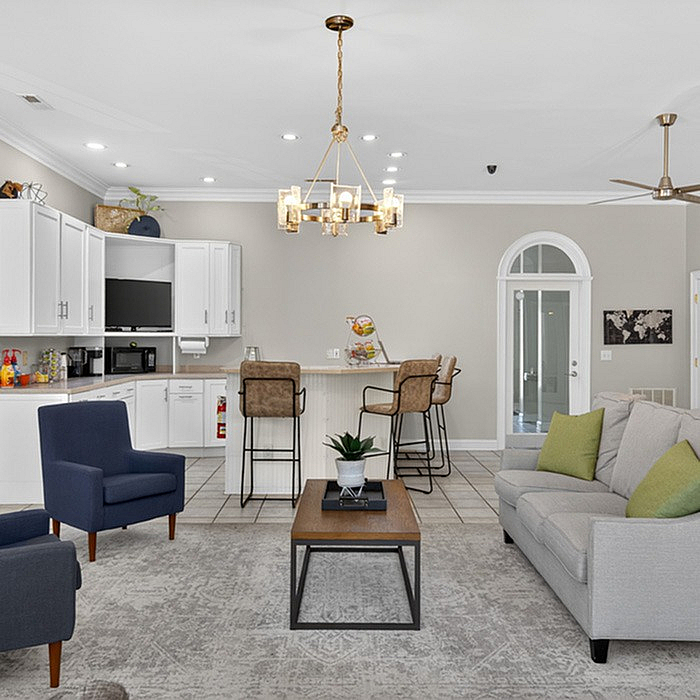 Elegant open-concept living room with modern kitchen, cozy seating, and stylish decor, perfect for relaxation and entertaining.