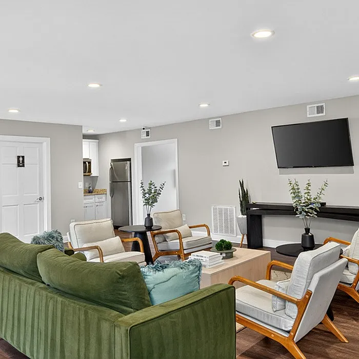 Modern living room with elegant green sofa, stylish armchairs, and large flat-screen TV. Bright and inviting space with a contemporary design.