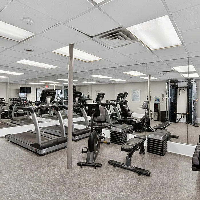 Modern fitness center with state-of-the-art treadmills, exercise bikes, and strength training equipment in a mirrored room.
