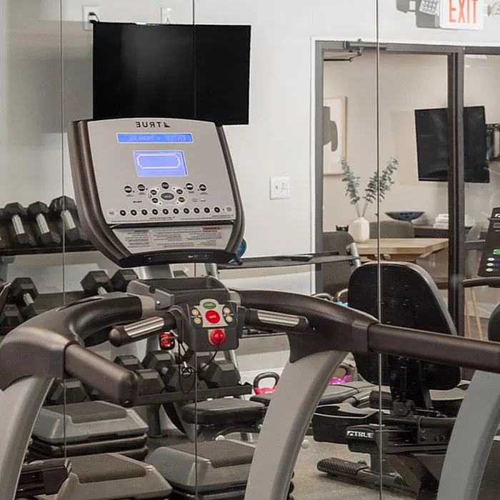 Modern fitness center with state-of-the-art treadmill, ample free weights, and sleek design for an invigorating workout experience.