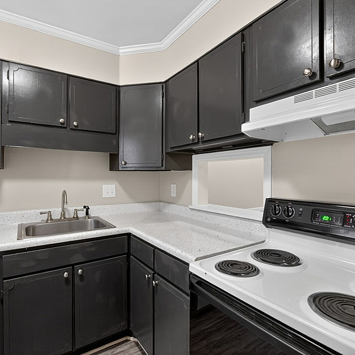Modern kitchen featuring sleek dark cabinetry, elegant countertops, and an energy-efficient stove.