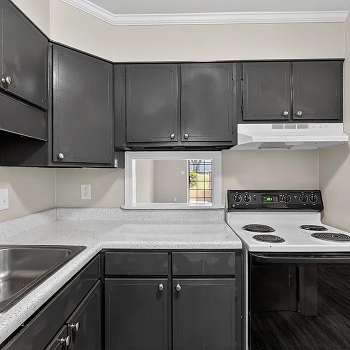 Modern kitchen with sleek black cabinets, white countertops, and electric stove, offering a stylish and functional cooking space.