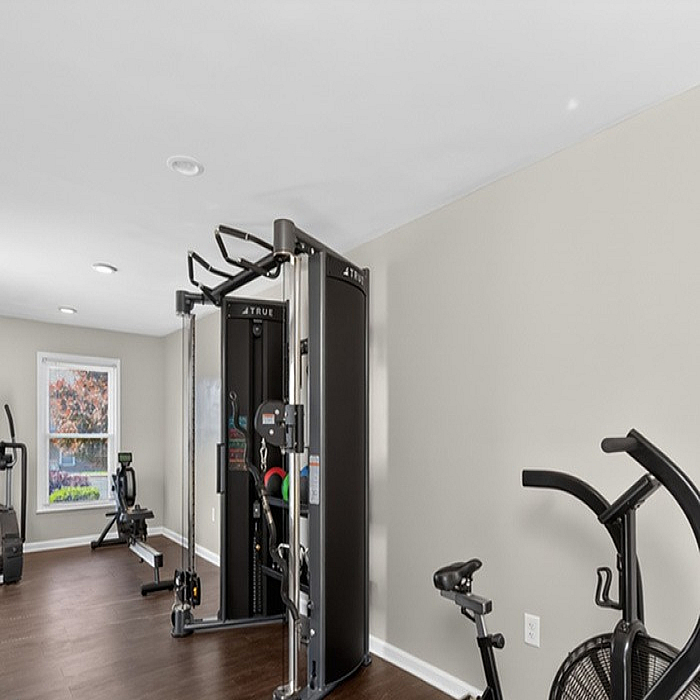 Modern fitness room featuring state-of-the-art exercise equipment, sleek wooden flooring, and ample natural light.