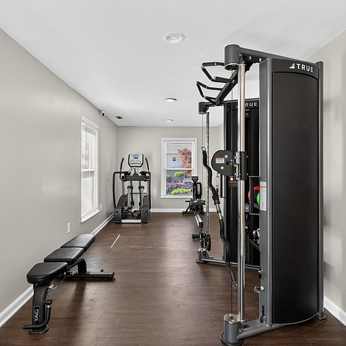 Modern fitness room featuring state-of-the-art cardio and strength training equipment with natural light streaming through large windows.