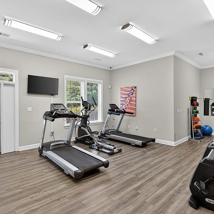 Contemporary fitness room with sleek treadmills and vibrant exercise equipment, ideal for a home workout.