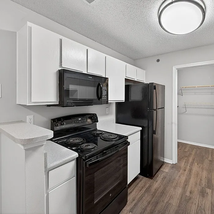 Modern kitchen with sleek black appliances, white cabinetry, and elegant wooden flooring, ideal for culinary enthusiasts.