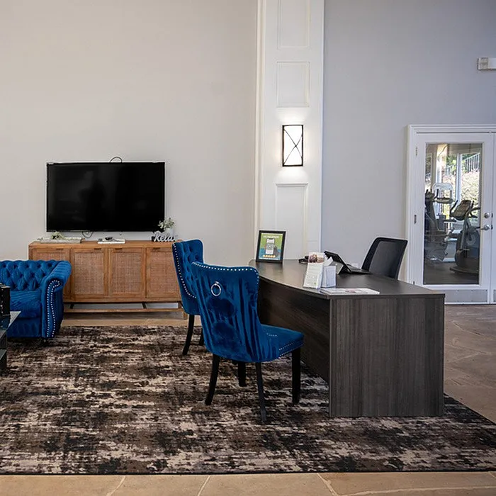 Elegant apartment lobby with stylish blue armchairs, a modern wooden TV stand, and contemporary decor.