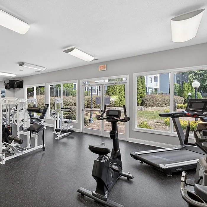 Modern fitness center with state-of-the-art cardio equipment and bright natural lighting, offering scenic outdoor views.
