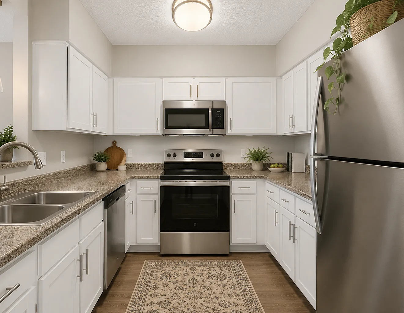 Modern kitchen with sleek stainless steel appliances, elegant white cabinetry, and a stylish granite countertop, enhanced by warm wooden flooring and decorative plants.