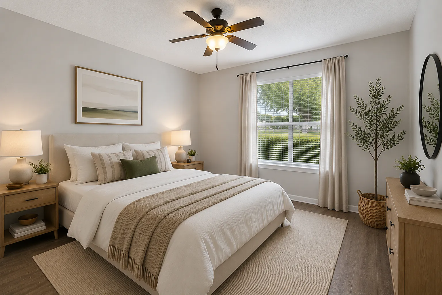 Elegant bedroom with soft natural lighting, featuring a cozy bed, stylish decor, and a large window overlooking green scenery.