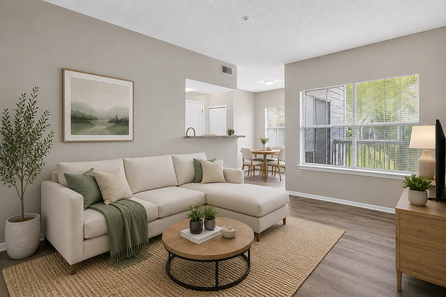 Bright and airy living room with a modern beige sectional, stylish decor, and hardwood floors, adjacent to a cozy dining area with natural light flowing in.