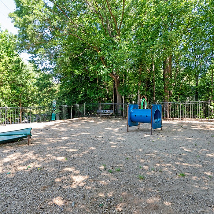 Charming outdoor playground surrounded by lush greenery, featuring a vibrant blue play tunnel and inviting seating area.