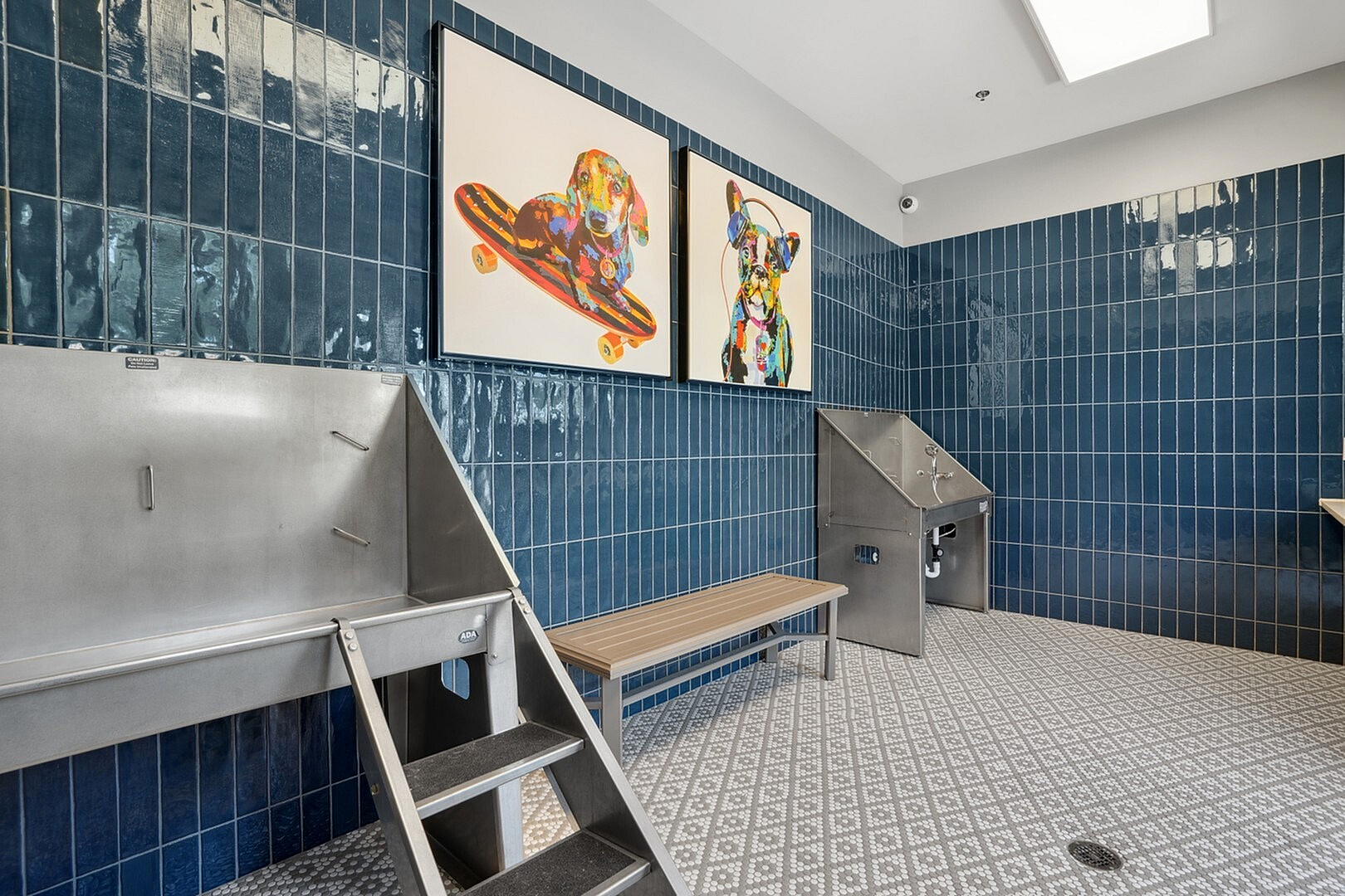 Chic pet grooming room showcasing vibrant artwork, sleek stainless steel wash stations, and elegant blue tiled walls.