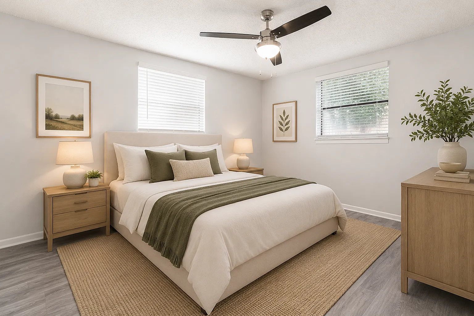 Bright and cozy bedroom with stylish decor, featuring a plush bed, elegant lighting, and natural accents with green highlights.