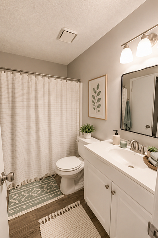 Elegant bathroom with modern fixtures, featuring a stylish white vanity, framed mirror, and tasteful decor.