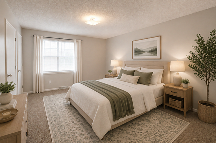 Elegant bedroom with a cozy double bed, soft natural lighting, and tasteful decor featuring a lush potted plant and serene wall art.
