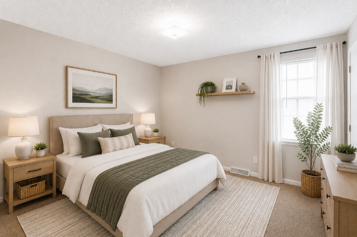 Elegant bedroom with neutral tones, featuring a plush bed, stylish decor, and bright natural lighting.