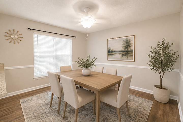 Bright dining room with elegant wooden table, six cozy chairs, stylish artwork, and beautiful plants, perfect for gatherings.