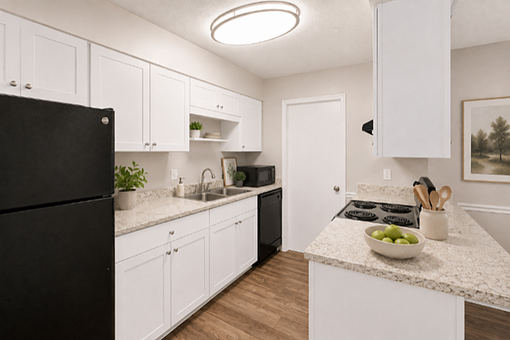 Bright and modern kitchen with sleek white cabinets, granite countertops, and elegant wood flooring, accentuated by fresh greenery.