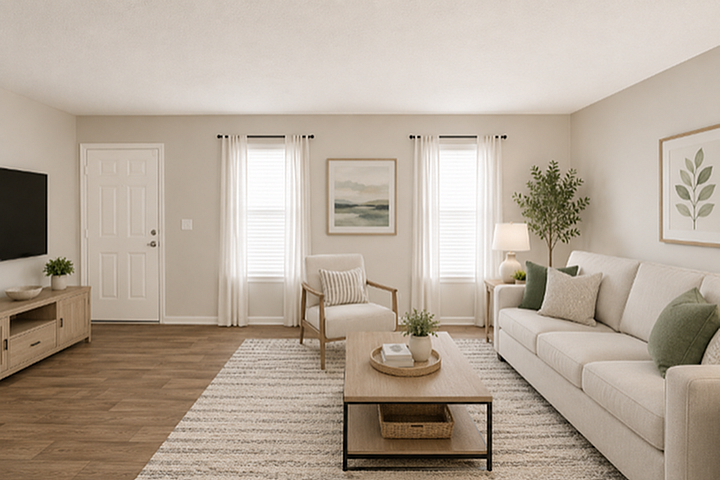 Chic and inviting living room with plush beige sofa, stylish wooden coffee table, and modern decor accents, creating a warm and welcoming atmosphere.