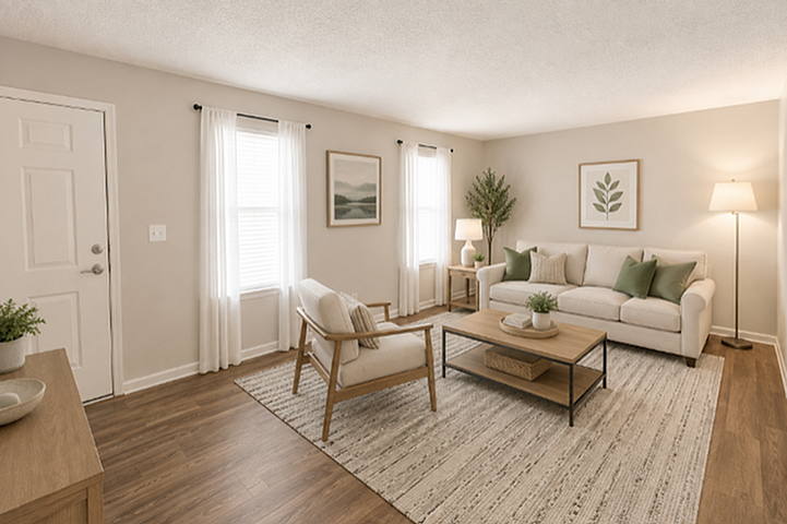 Bright and inviting living room with cozy decor, featuring natural light, elegant furniture, and stylish wooden flooring.