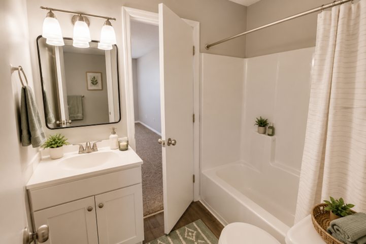 Elegant bathroom featuring a modern vanity, soft lighting, and inviting bathtub with chic decor accents.
